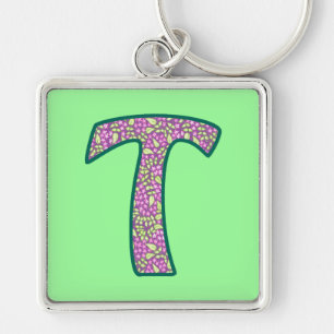Custom Monogram T Keychain, Ditsy Floral Pattern Key Ring