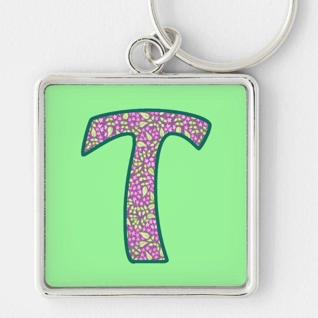 Custom Monogram T Keychain, Ditsy Floral Pattern Key Ring (Front)