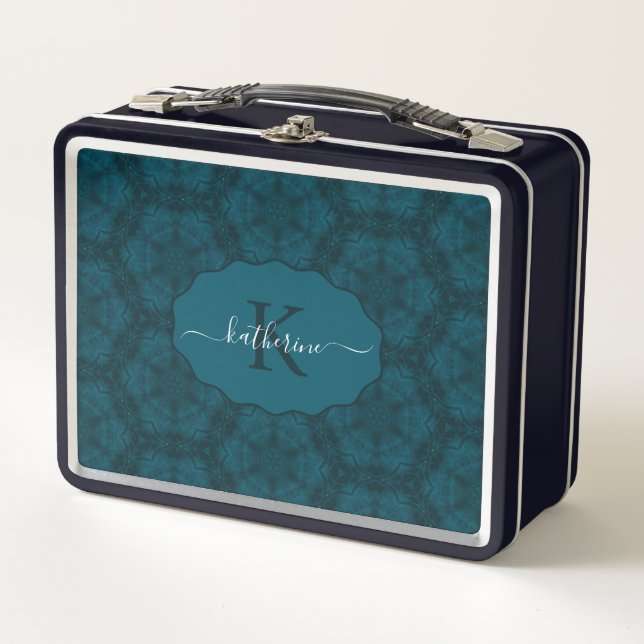 Custom Monogram Teal Navy Blue  Metal Lunch Box (Front)