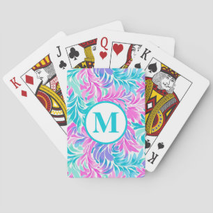 Custom Monogram Teal Pink Floral  Playing Cards