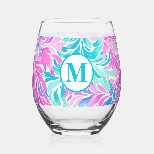 Custom Monogram Teal Pink Floral Stemless Wine Glass (Back)