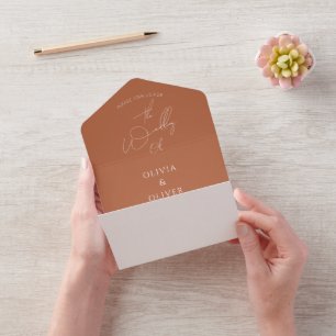 Custom monogram terracotta calligraphy wedding all in one invitation