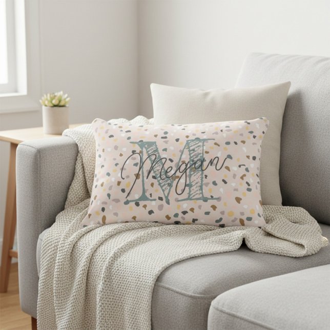 Custom Monogram Terrazzo Pattern Soft Neutral Decorative Cushion (Creator Uploaded)