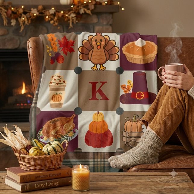 Custom Monogram Thanksgiving fall | Cosy Sherpa Blanket (Creator Uploaded)