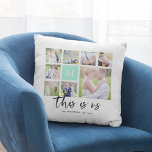 Custom Monogram This is Us Photo Collage Cushion<br><div class="desc">Monogram pillow featuring the words "this is us" in a stylish script with 8 square photos arranged in a grid layout on the front and back side making it 16 photos in total that you can replace with you own photos against a white background. You can also add your family...</div>