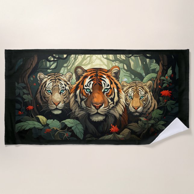 Custom Monogram Tigers Illustration Beach Towel (Front)