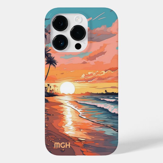 Custom Monogram Tropical Beach Sunset Case-Mate iPhone Case (Back)