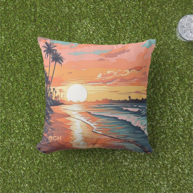 Custom Monogram Tropical Beach Sunset Cushion (Grass)