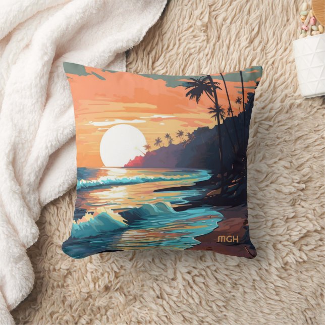Custom Monogram Tropical Beach Sunset Cushion (Blanket)