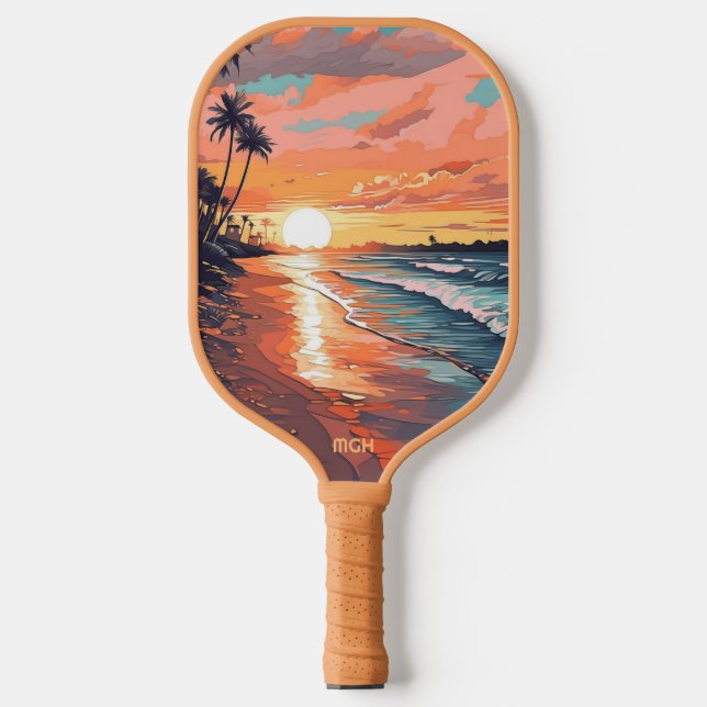 Custom Monogram Tropical Beach Sunset Pickleball Paddle (Front)