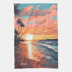 Custom Monogram Tropical Beach Sunset Tea Towel