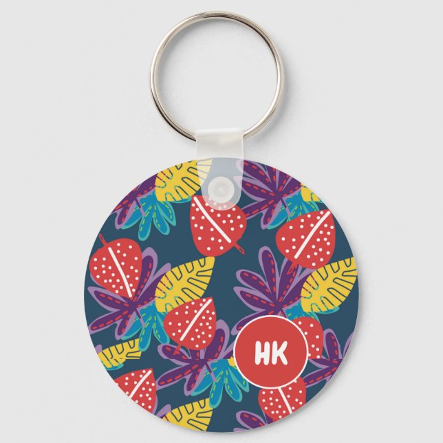 Custom monogram tropical floral hawaii exotic key ring (Front)
