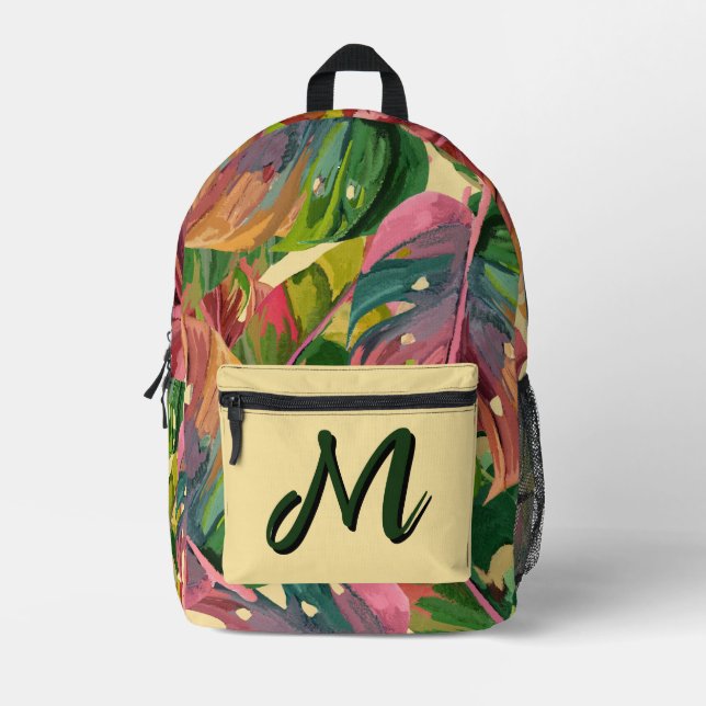 Custom Monogram Tropical Leaves Colourful Abstract Printed Backpack (Front)