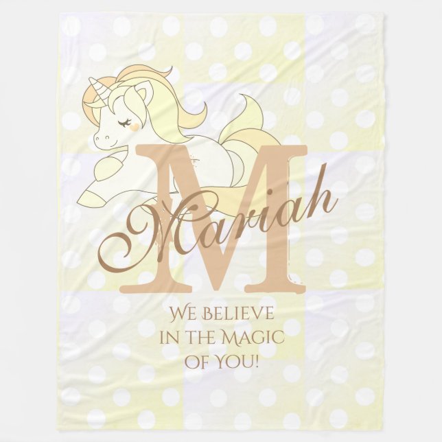 Custom Monogram Unicorn Fleece Blanket polka dots (Front)