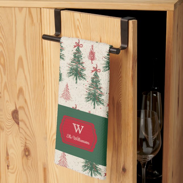 Custom Monogram Vintage Christmas Tree Pattern Tea Towel (Thirds Fold)