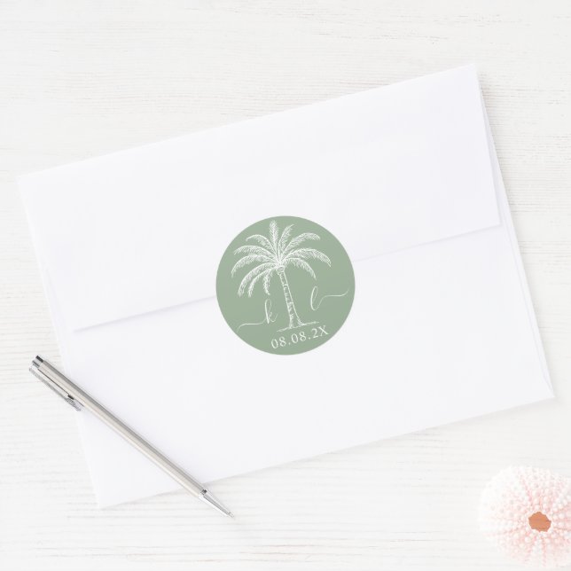 Custom Monogram Wedding Logo Palm Tree Classic Round Sticker (Envelope)