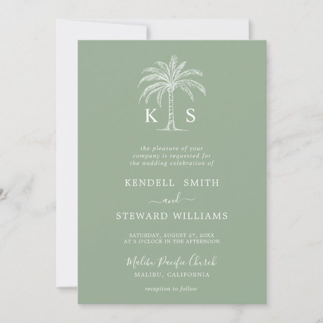 Custom Monogram Wedding Logo Palm Tree Invitation (Front)