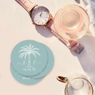 Custom Monogram Wedding Logo Palm Tree Round Paper Coaster