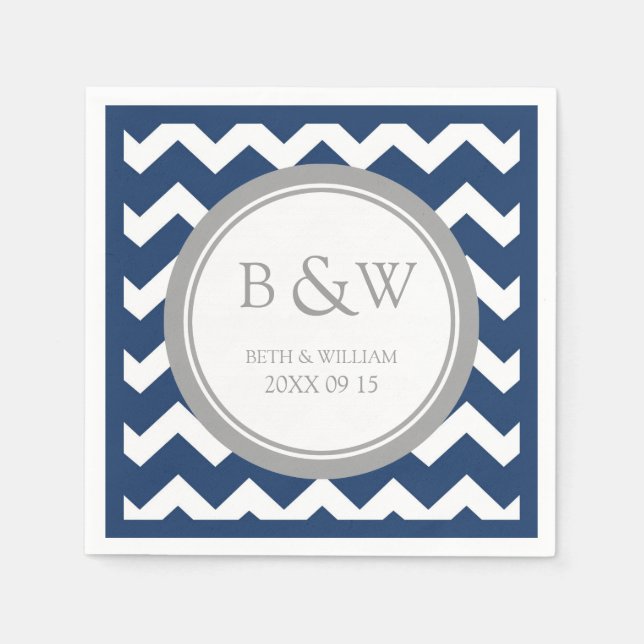 Custom Monogram Wedding Napkin Blue Grey Chevron (Front)