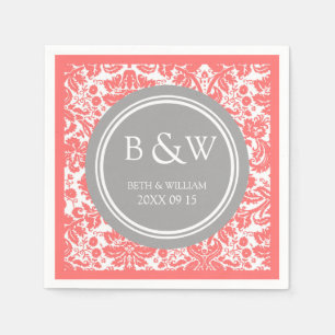 Custom Monogram Wedding Napkin Coral Grey Damask