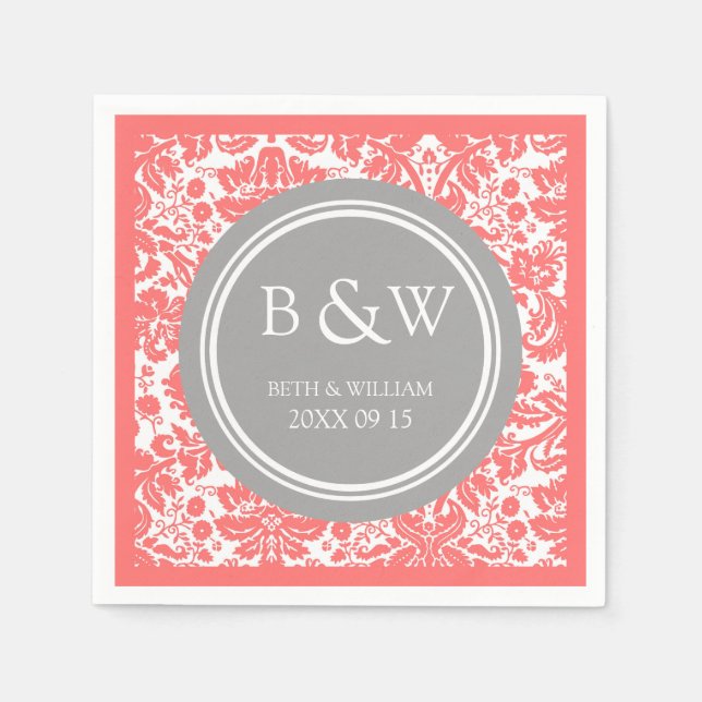 Custom Monogram Wedding Napkin Coral Grey Damask (Front)