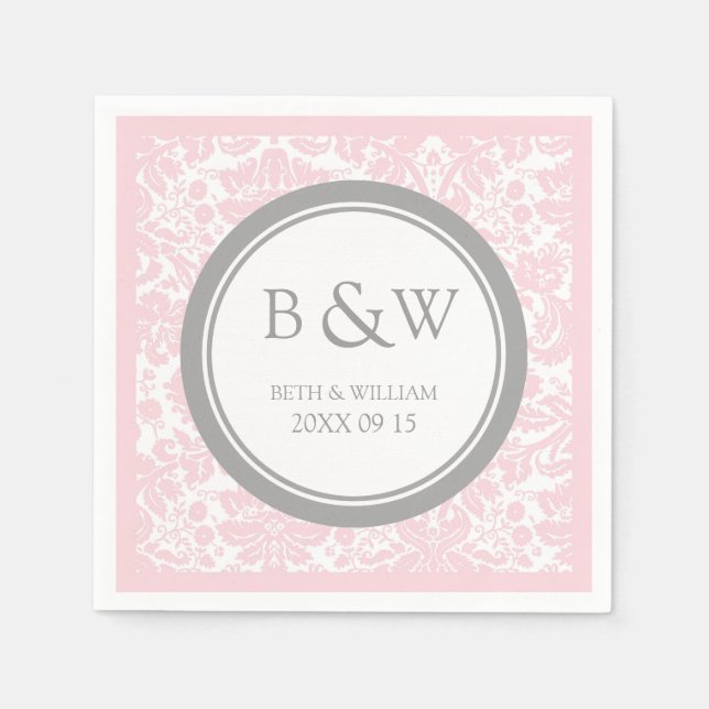 Custom Monogram Wedding Napkin Pink Grey Damask (Front)