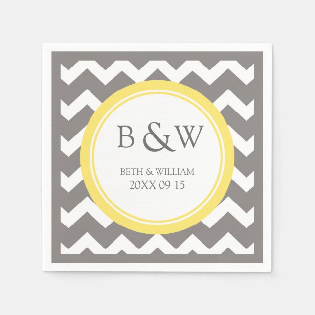 Custom Monogram Wedding Napkin Yellow Grey Chevron (Front)