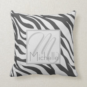 Custom Monogram White and Dark Gray Zebra Stripes Cushion