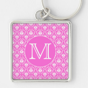 Custom Monogram. White and Pink Damask Pattern. Key Ring