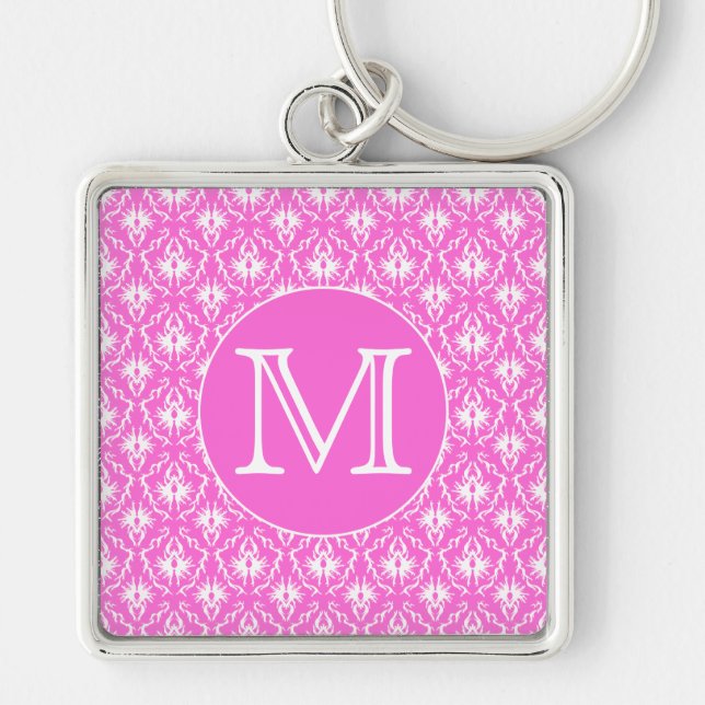 Custom Monogram. White and Pink Damask Pattern. Key Ring (Front)