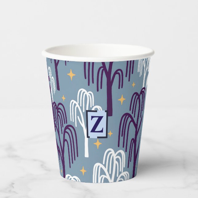 Custom Monogram Willow Tree Blue Paper Cups (Front)