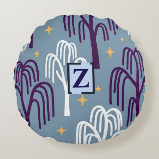Custom Monogram Willow Tree Blue Round Pillow