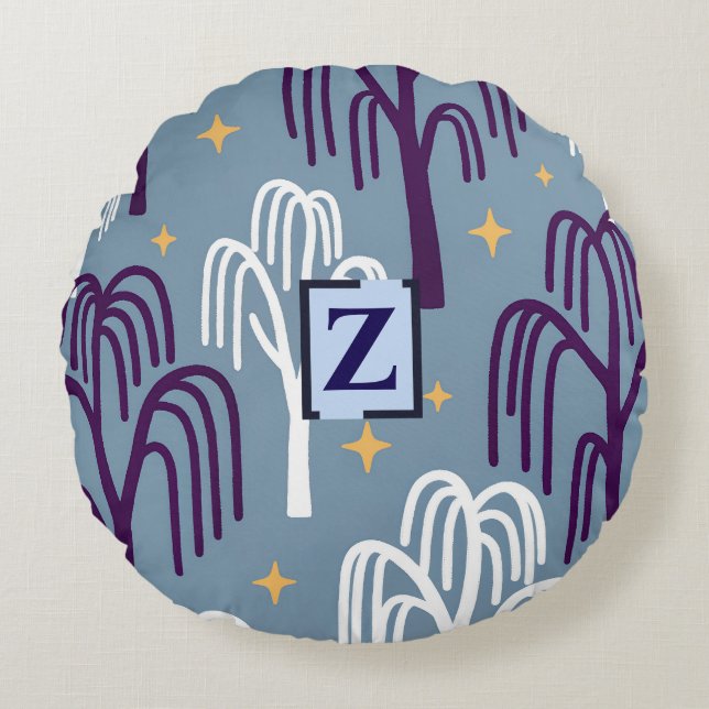 Custom Monogram Willow Tree Blue Round Pillow (Front)