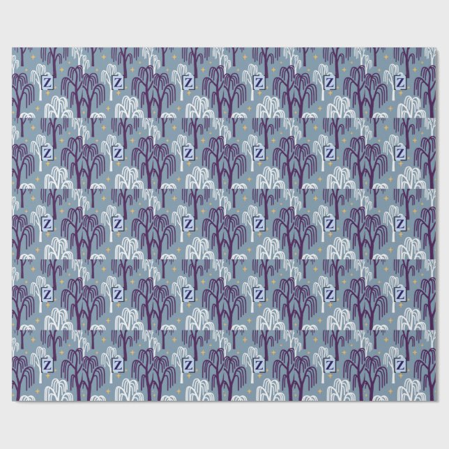 Custom Monogram Willow Tree Blue Wrapping Paper (Flat)