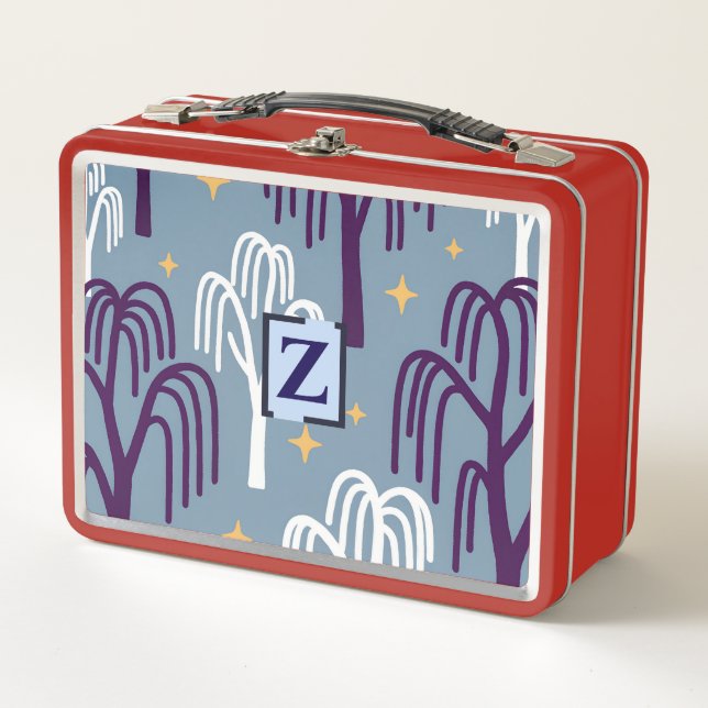 Custom Monogram Willow Tree Pattern Blue  Metal Lunch Box (Front)