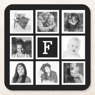 Custom Monogram with 8 Square Photos Paper Coaster