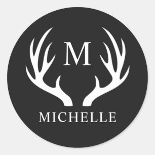 Custom Monogram with Black White Deer Antler Classic Round Sticker