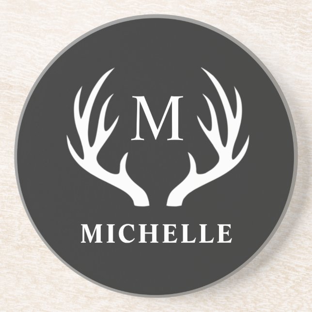 Custom Monogram with Black White Deer Antler Coaster (Front)