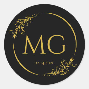 Custom Monogram with Date Black Metallic Gold Classic Round Sticker