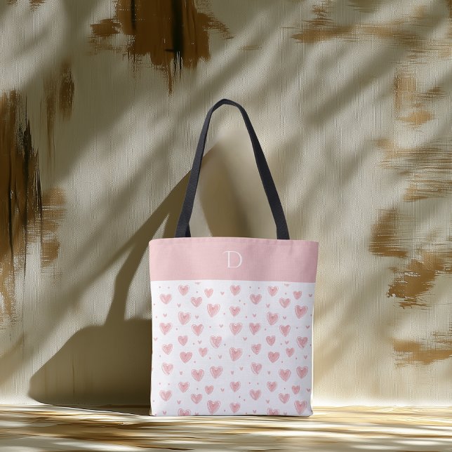 Custom Monogram with Pink Heart Minimal Pattern  Tote Bag (Creator Uploaded)
