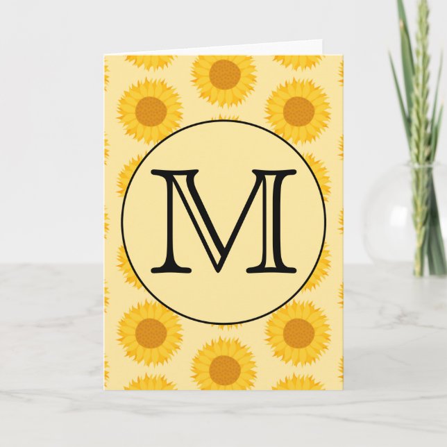 Custom Monogram, with Yellow Sunflowers. Note Card (Front)