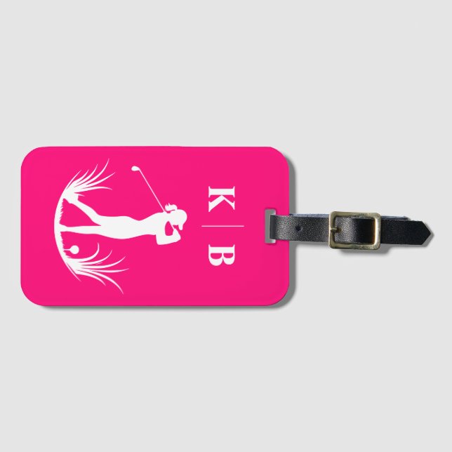 Custom Monogram Women's Personalised Pink Golf Luggage Tag (Front Horizontal)