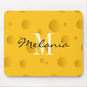Custom monogram yellow swiss cheese mouse pad