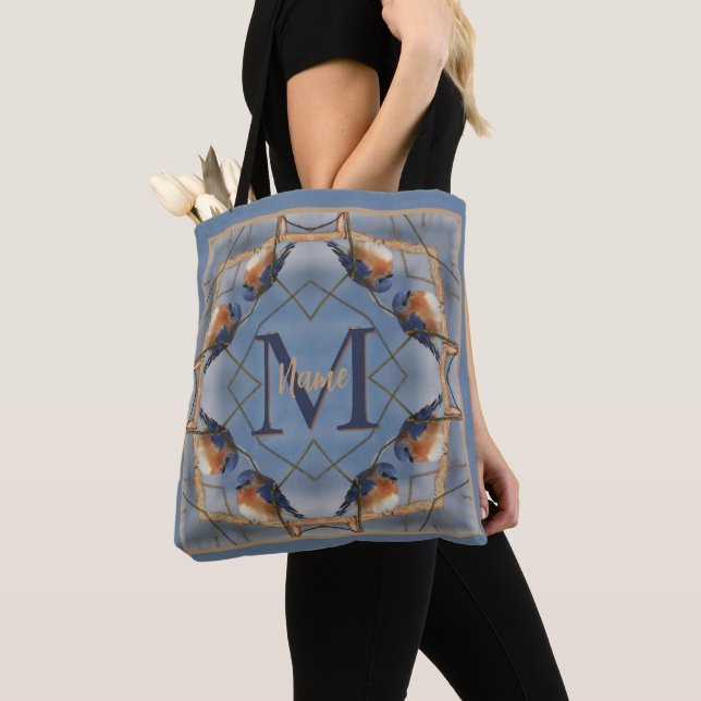 Custom Monogram Your Initial Bluebird Nature Art Tote Bag (Close Up)