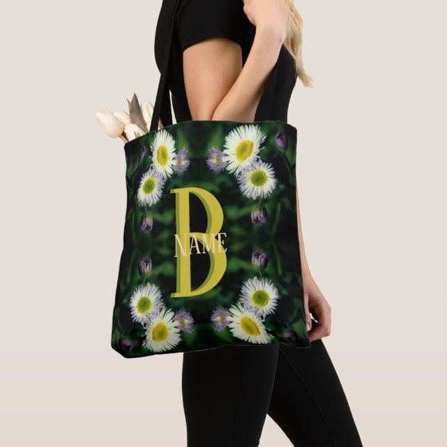 Custom Monogram Your Initial Name Daisy Art Tote Bag (Close Up)
