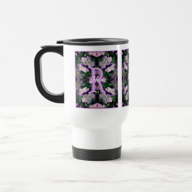 Custom Monogram Your Initial Name Geranium Art Travel Mug (Left)
