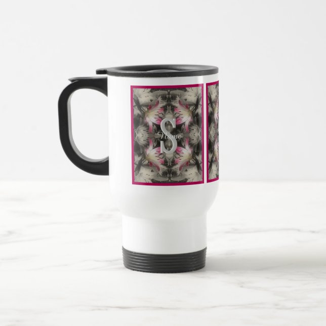 Custom Monogram Your Initial Name Lilies Travel Mug (Left)