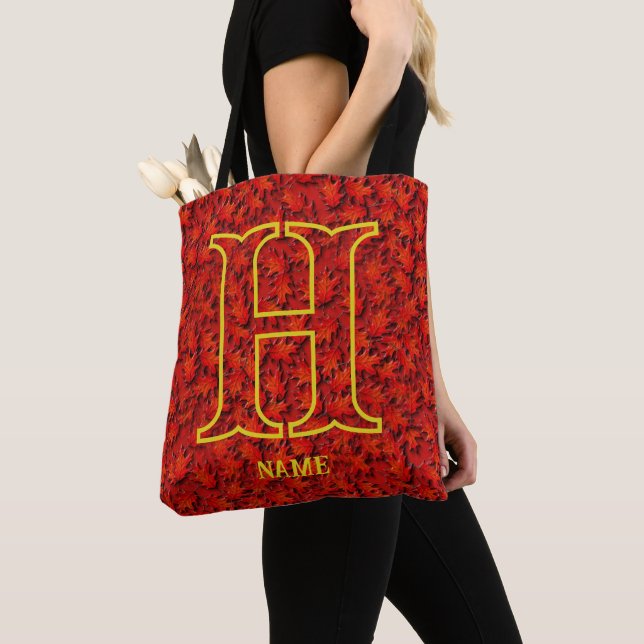 Custom Monogram Your Initial Name Oak Leaves Tote Bag (Close Up)