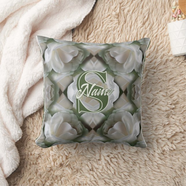Custom Monogram Your Initial Name White Rose Cushion (Blanket)