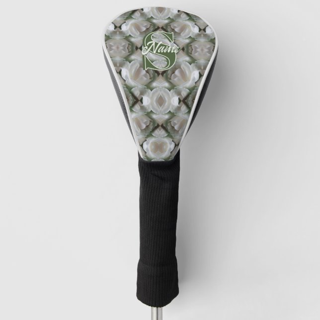 Custom Monogram Your Initial Name White Rose Golf Head Cover (Front)